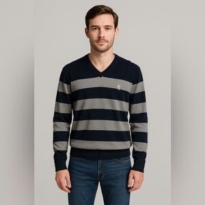 Express Men’s Striped Sweater M VTG Y2K V-Neck Rugby Knit Pullover Preppy